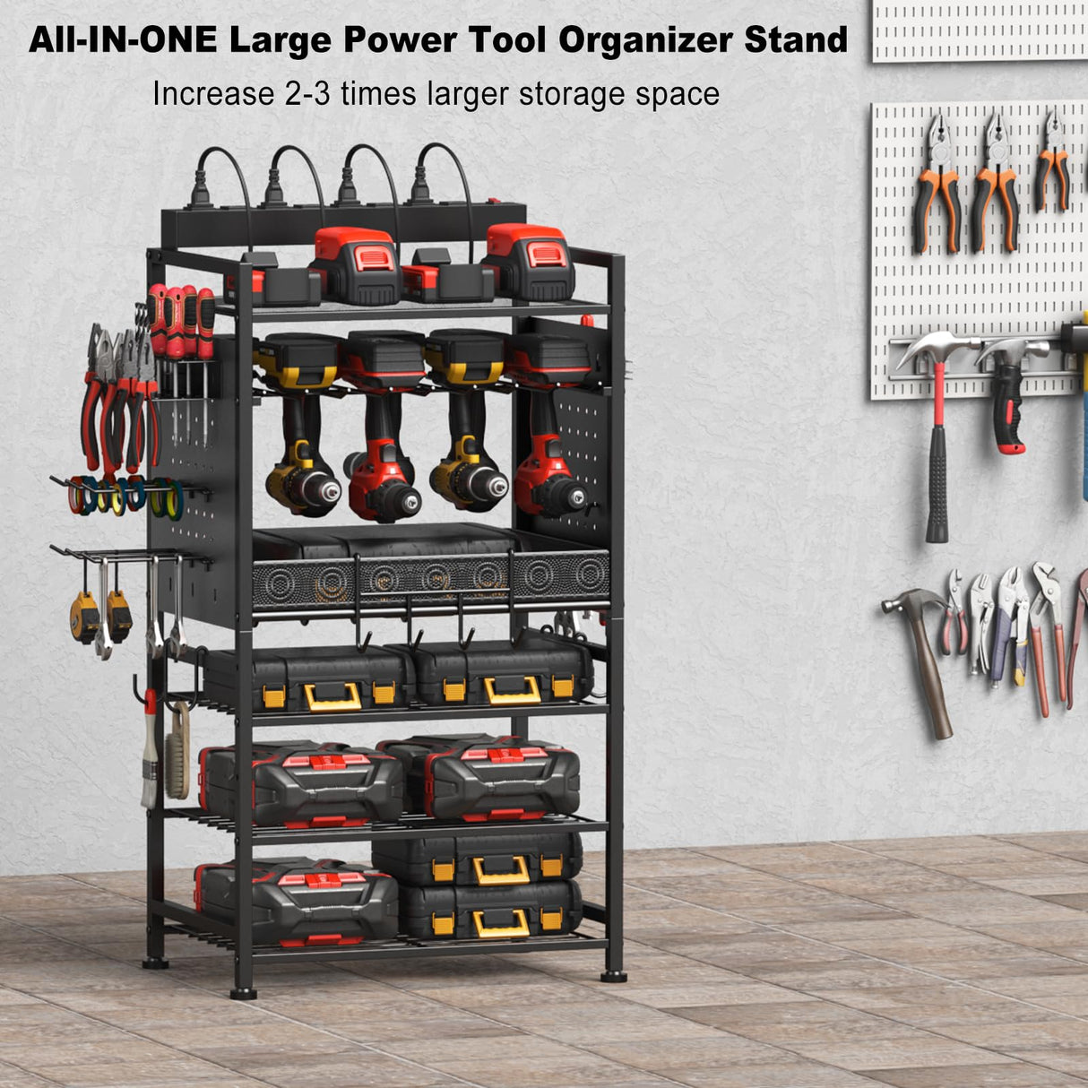 JUNNUJ Power Tool Organizer Floor Stand with Charging Station, Garage Adjustable Storage Rack Utility Tool Shelf with 8 Outlet 10 FT Power Strip, Heavy Duty Drill and Battery Holder JUNNUJ