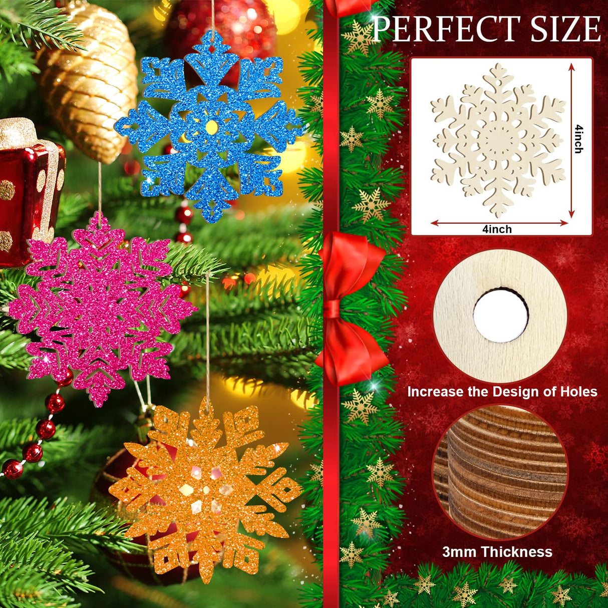 Wooden Christmas Snowflake Ornaments to Paint Christmas Decoration Cutouts Unfinished 36PCS, DIY Blank Unfinished Christmas Tree Wood Discs Ornament for Home Crafts Hanging Sophena