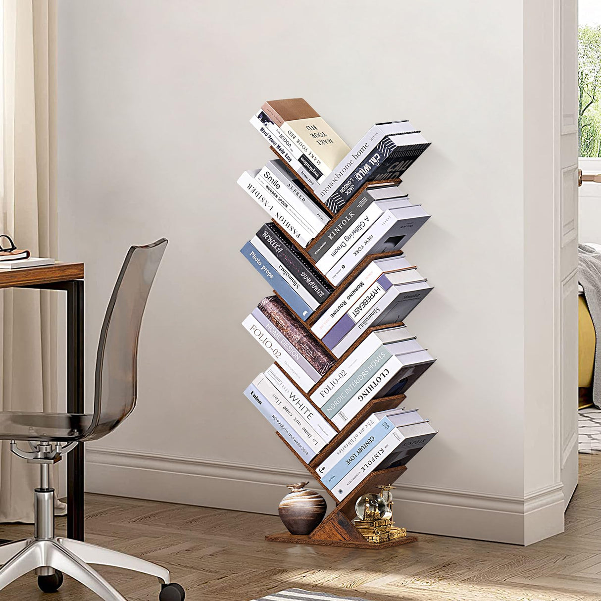 SHEEPAM 10 Tier Tree Book Shelf, Floor Standing Wood Bookshelf for Narrow Space, Storage Organizer Bookshelves for Books/CDs/Magazine, Bookcase with Shelves for Home Office, Living Room - Brown SHEEPAM