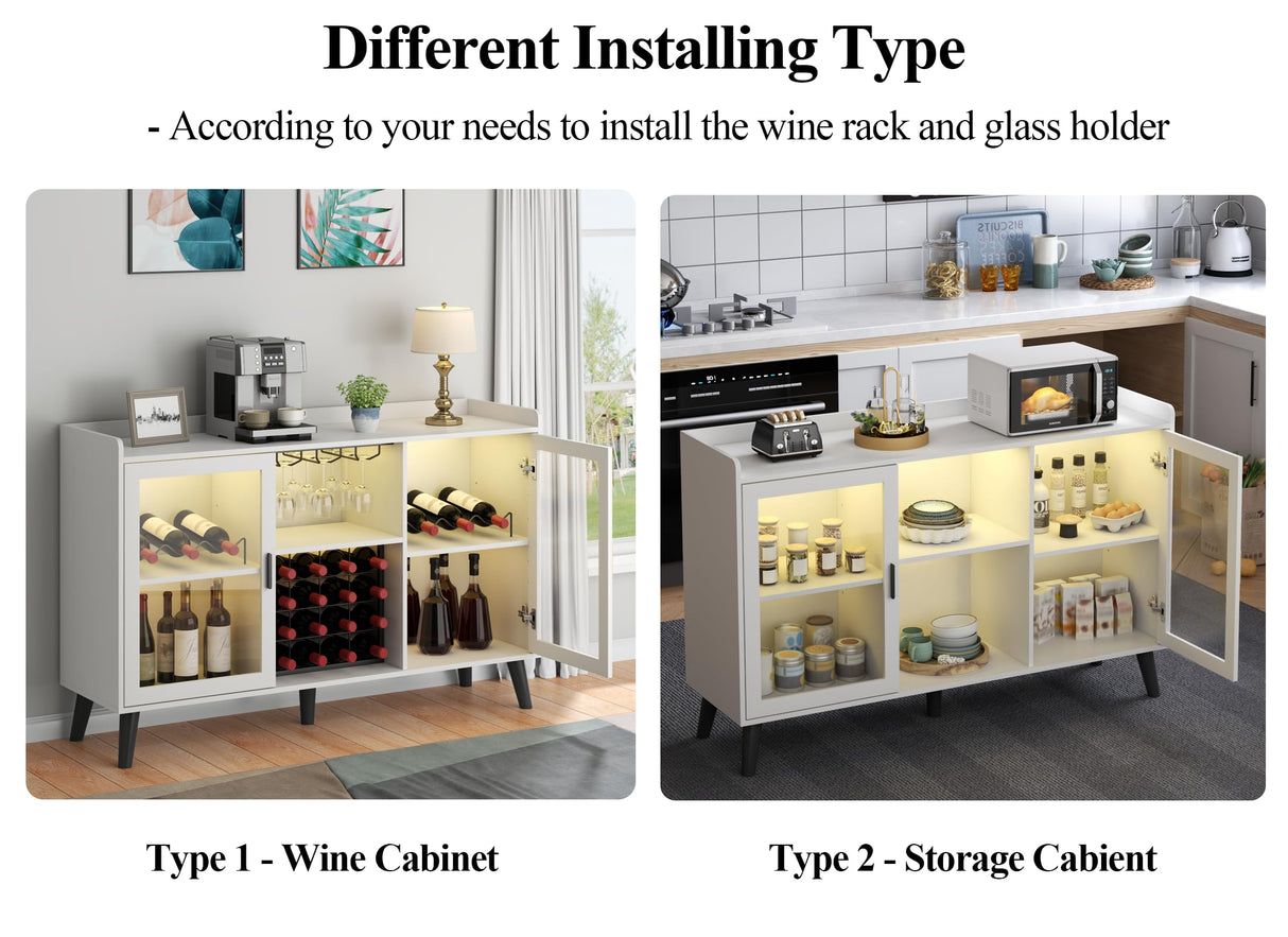 Auromie Wine Bar Cabinet with Led Light, Home Coffee Cabinet with Wine and Glass Rack, Kitchen Buffet Sideboard with Storage Shelves, Freestanding Liquor Cabinet for Living Room, Dining Room (White) Auromie
