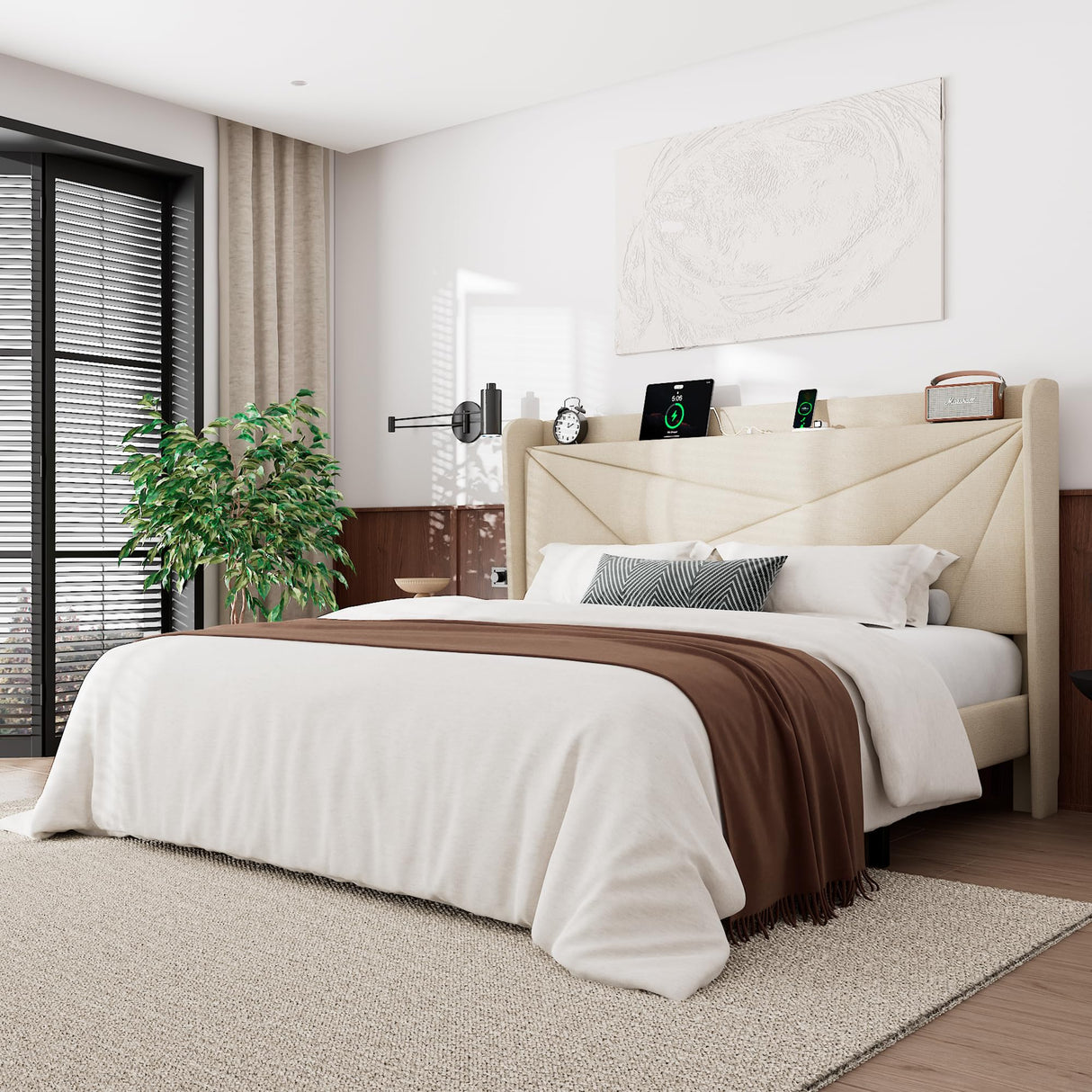 Feonase Queen Bed Frame with Charging Station, Upholstered Platform Bed Frame with Wingback Storage Headboard, Solid Wood Slats Support, No Box Spring Needed, Beige Feonase