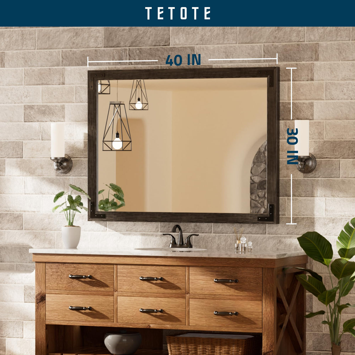 TETOTE 40 x 30 Inch Black Rustic Bathroom Wood Framed Mirror for Over Sink, Farmhouse Natural Dark Black Wooden Rectangle Decorative Wall Mirror, Horizontal/Vertical, Easy to Install TETOTE