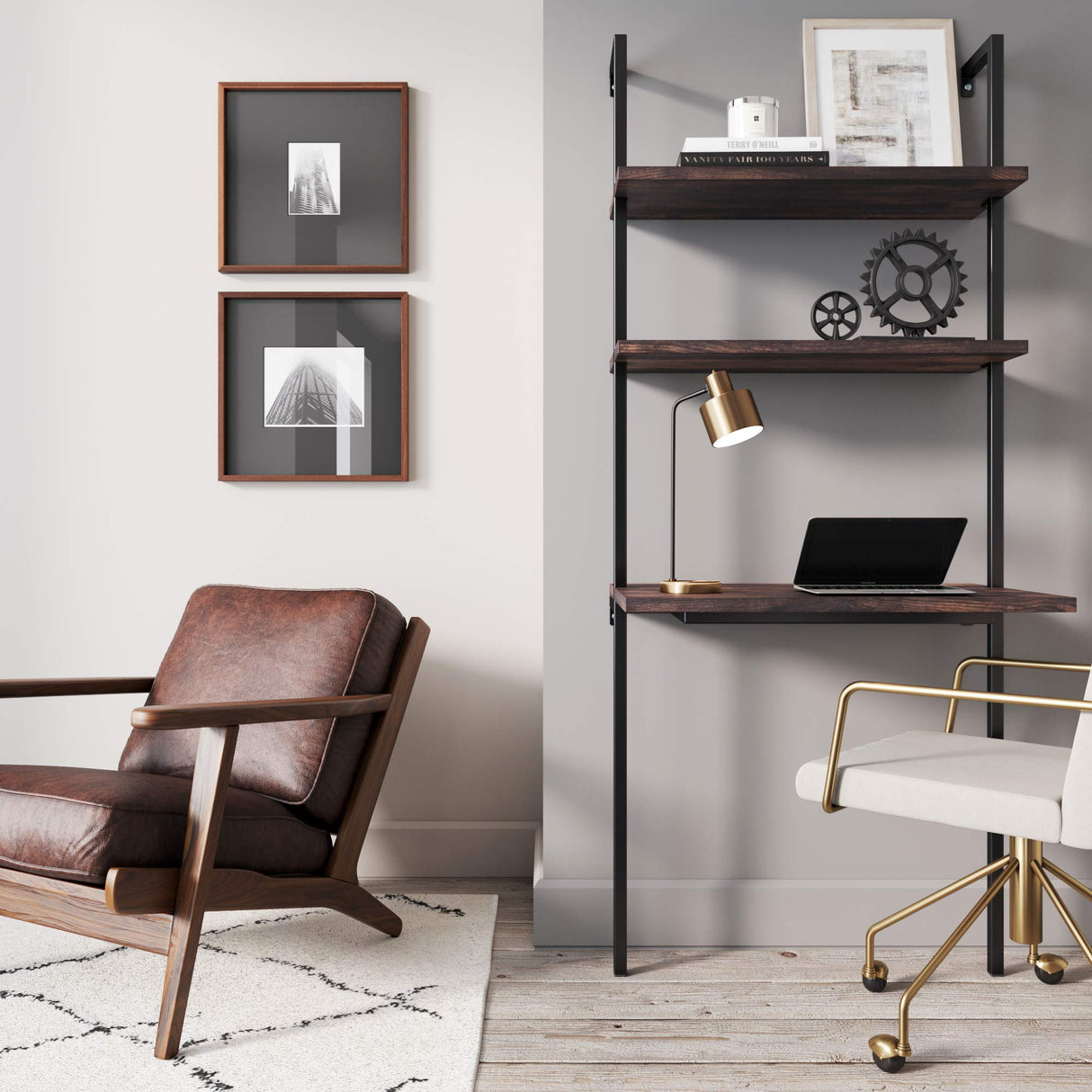 Nathan James Theo 2-Shelf Industrial Wall Mount Ladder Table, Small Computer or Writing Desk, Nutmeg/Matte Black Nathan James