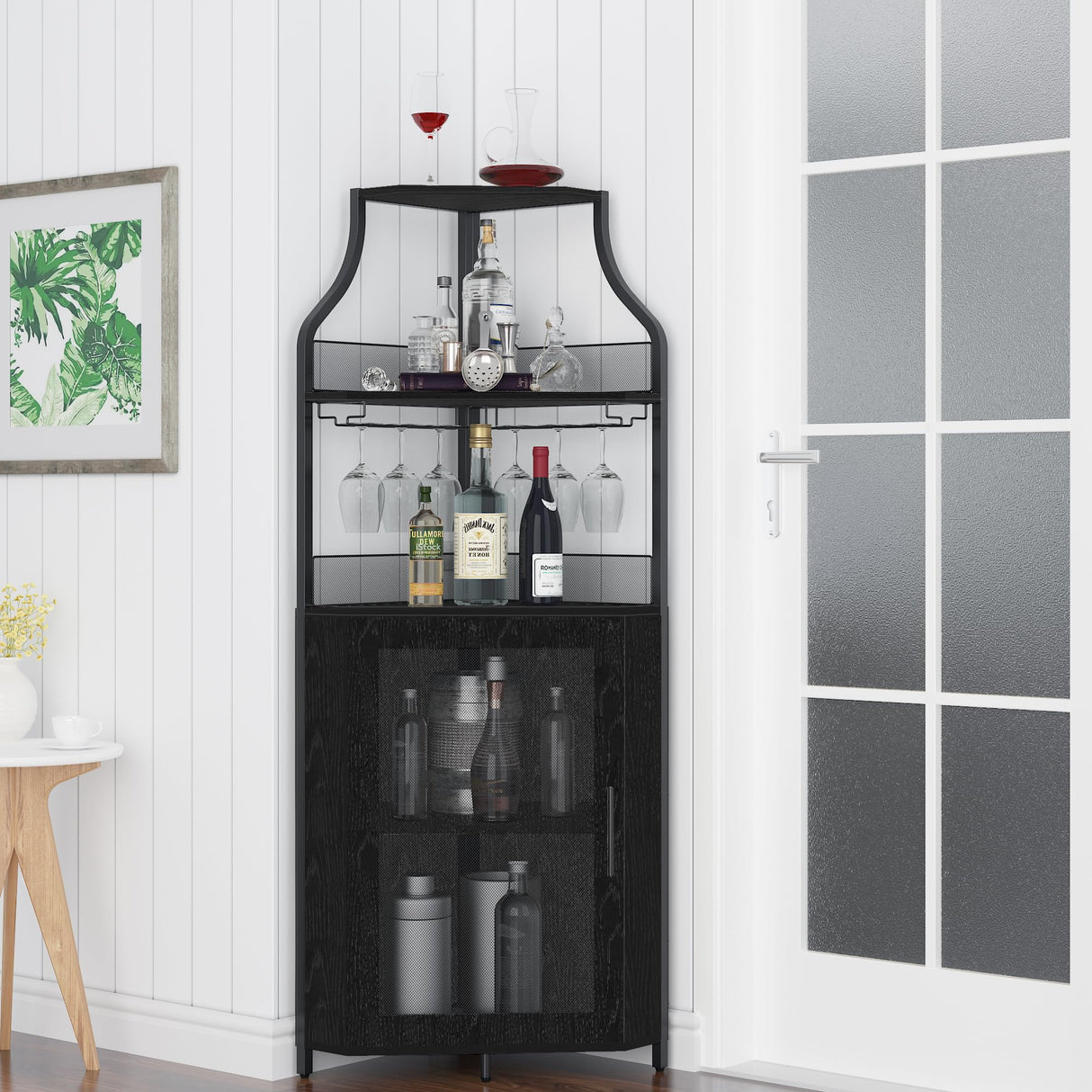 coucheta Corner Bar Cabinet, Wine Bar Cabinet with Glass Holder and Large Storage Space, Corner Liquor Cabinet with Mesh Door and Adjustable Shelf, Black coucheta
