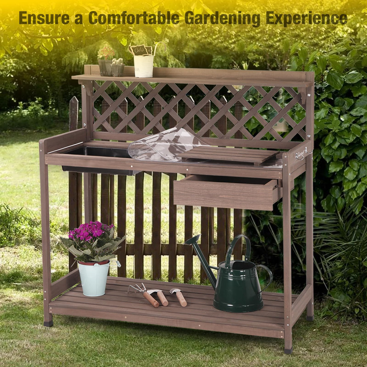 Aivituvin Potting Bench Outdoor with PVC Layer Wooden Planting Table with Sink & Lid Gardening Work Bench with Drawer, Shelf, Hook Aivituvin