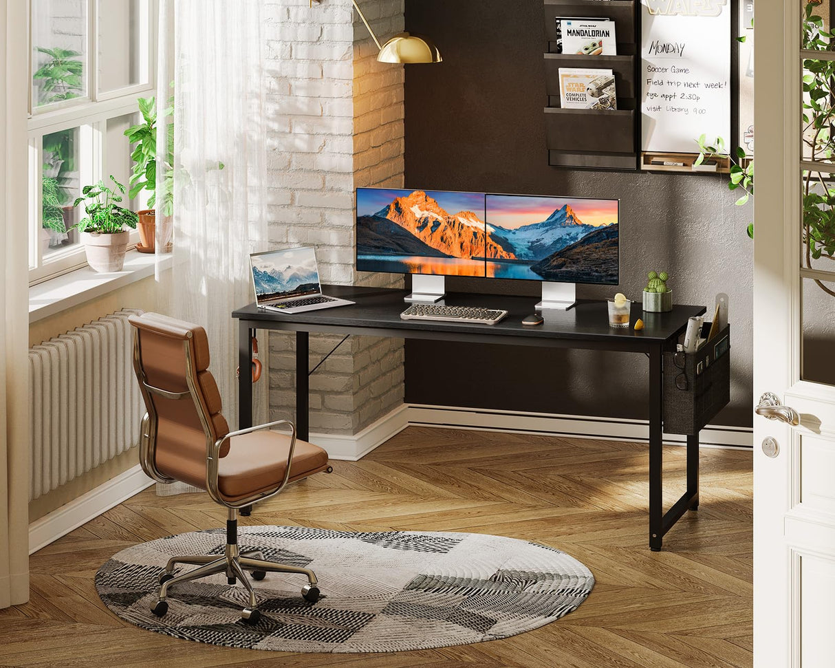 ODK Computer Desk Large Office Desk, 55 Inch Gaming Desk with Storage, Modern PC Desk Work Table with Headphone Hook for Home Office, Black ODK