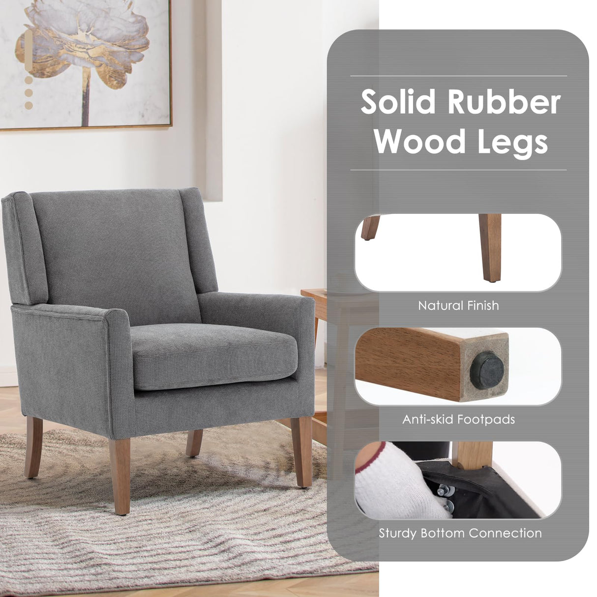 COLAMY Modern Wingback Living Room Chair Set of 2, Upholstered Fabric Accent Armchair, Single Sofa Chair with Lounge Seat and Wood Legs for Bedroom/Office/Reading Spaces, Gery COLAMY