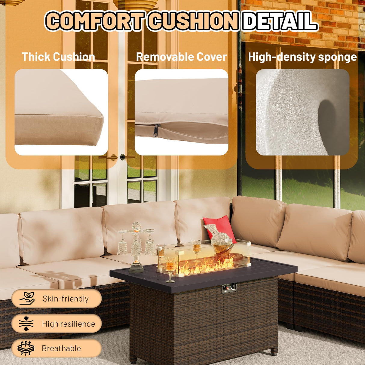 LHBcraft 8-Piece Outdoor Patio Furniture Set, Wicker Rattan Sectional Conversation Set with 50,000 BTU Propane Fire Pit Table for Garden and Patio,Brown LHBcraft