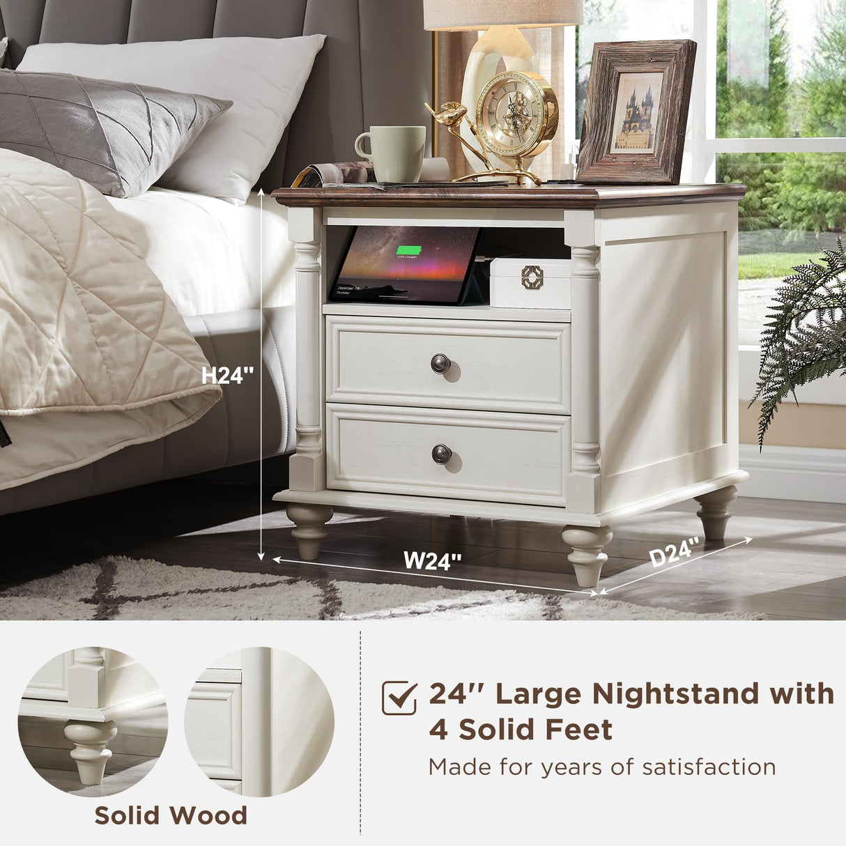 T4TREAM 24'' Farmhouse End Table w/4 Solid Wood Feet, Large 2 Drawers Wide Sofa Side Table with Charging Station, Tall Rustic Wood Square Nightstand for Living Room, Bedroom, Office, Antique White T4TREAM