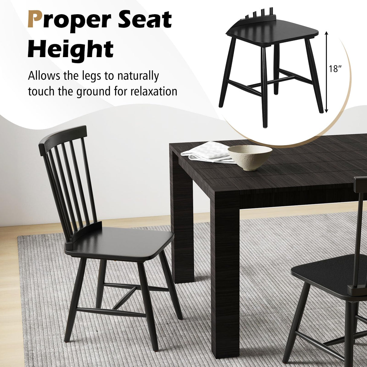 Giantex Wood Dining Chairs Set of 2, Solid Wood Windsor Dining Chair with Wide Seat, Max Load 400 Lbs, Country Wooden Slat Back Dining Room Chairs, Farmhouse Spindle Dining Chairs, Black Giantex