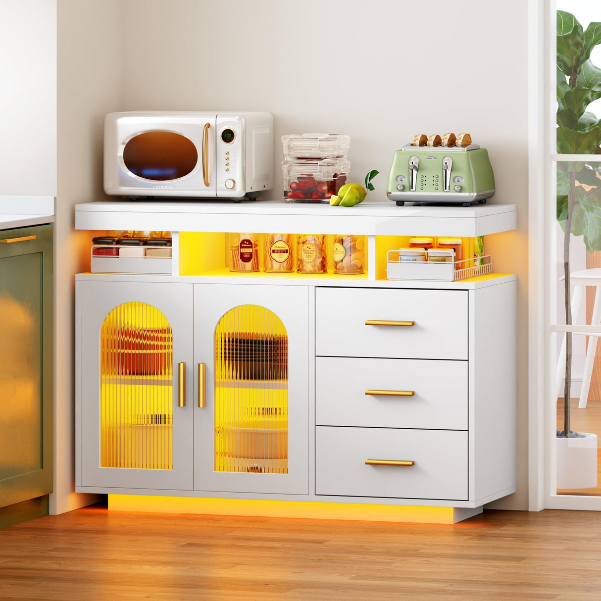 soges 39.4" LED Buffet Cabinet, Modern Sideboard Buffet with RGB 7-Color Light Strip, Large Kitchen Storage Cabinet with Storage for Bar, Office, Coffee Bar Station with 3 Drawers soges