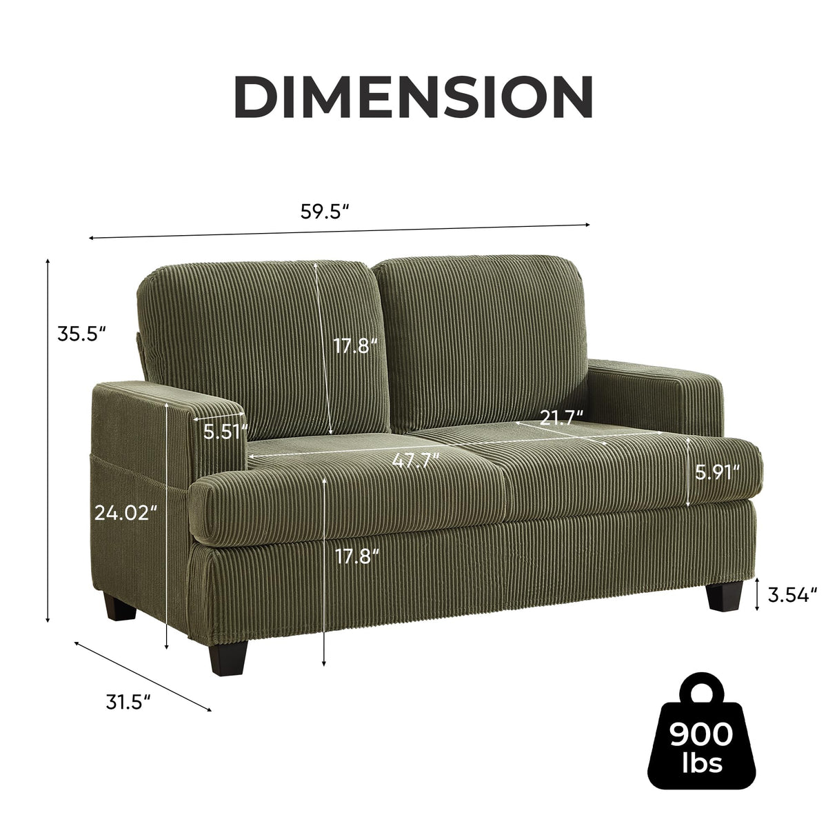HOMYKA Loveseat Sofa, 60" Corduroy Couch with Side Pocket, Removable Pillow and Cushion Cover 2 seat Couches, Comfy Modern Small Couch for Living Room, Small Spaces, Dorms, Office, Green HOMYKA