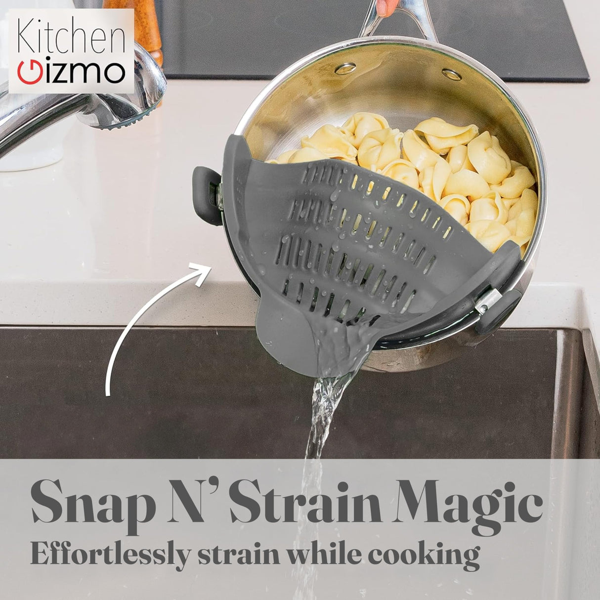 Kitchen Gizmo Snap N' Strain - Silicone Pasta Strainer Clip-On for Pots and Pans - Heat Resistant Colander for Vegetables and Noodles - Kitchen Gadgets for Cooking - Space-Saving Design - Grey Kitchen Gizmo
