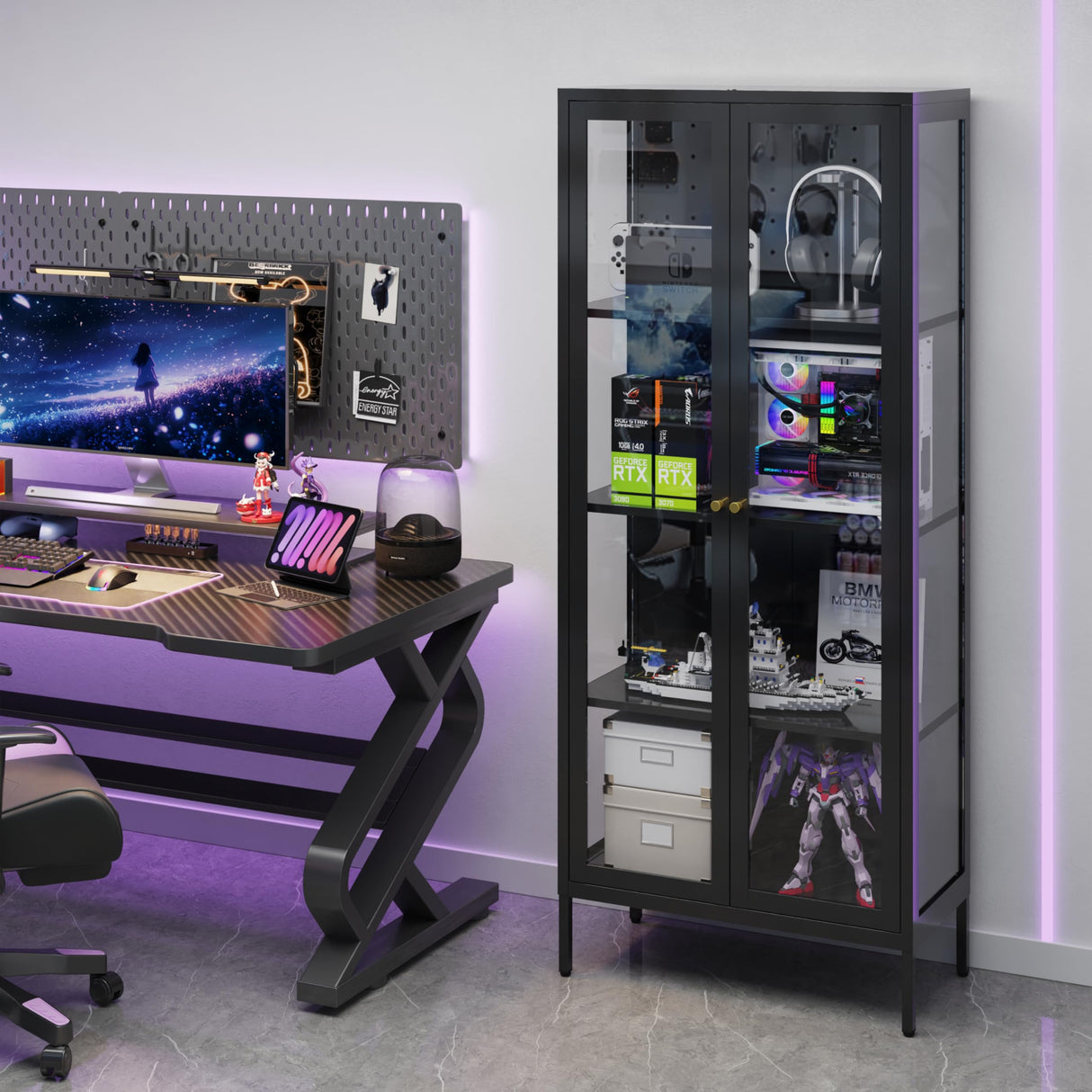 UNICOLY Glass Display Cabinet 4-Tier, Display Cabinet with Glass Doors, Curio Display Cabinet with Tempered Glass Doors,Metal Storage Cabinets for Living Room, Plant, Assembly Required, Black UNICOLY