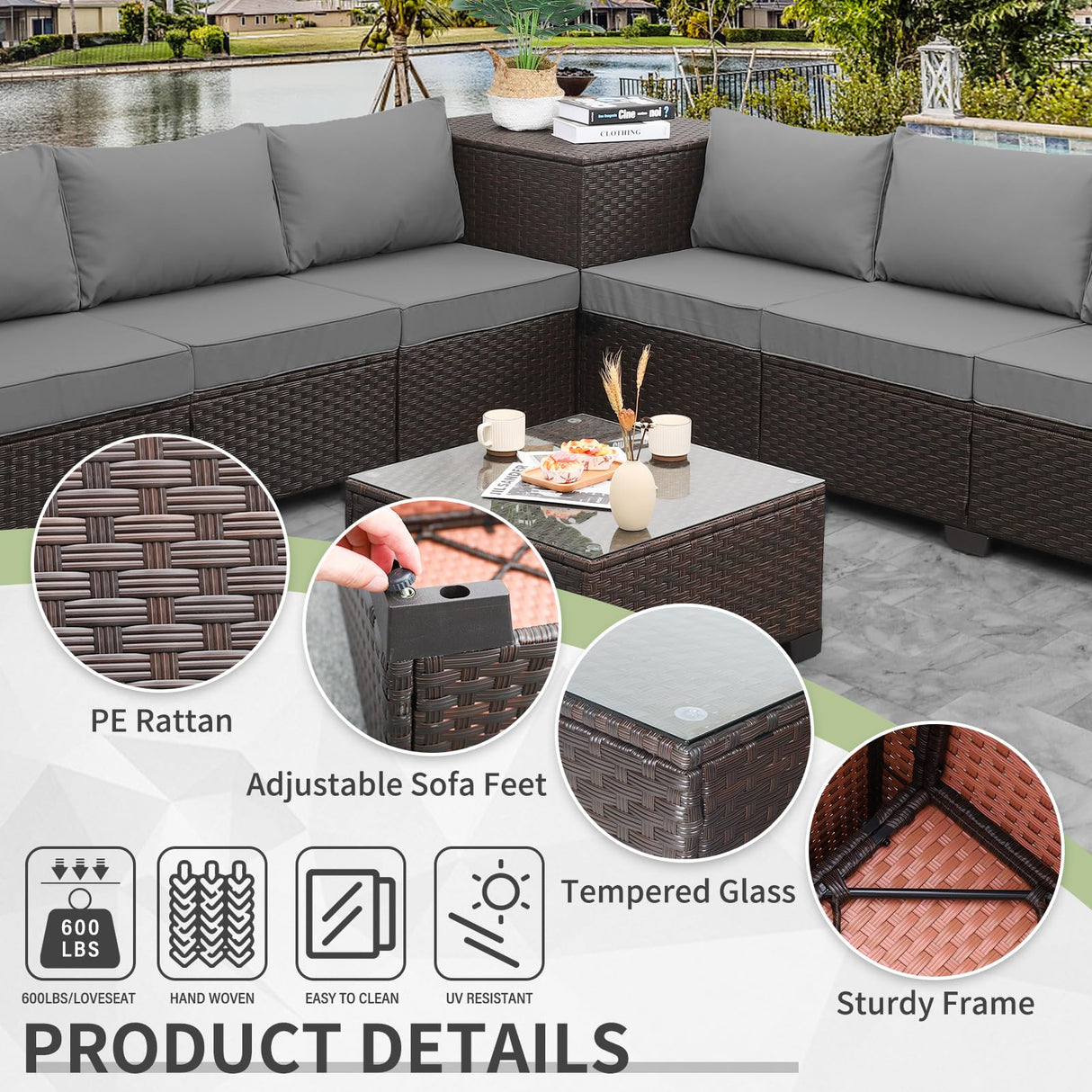 WAROOM 6 Pieces Patio Furniture Set PE Wicker Outdoor Brown Rattan Sectional Sofa Loveseat Couch Conversation Sets with Storage Bin Coffee Table, Anti-Slip Grey Cushion WAROOM