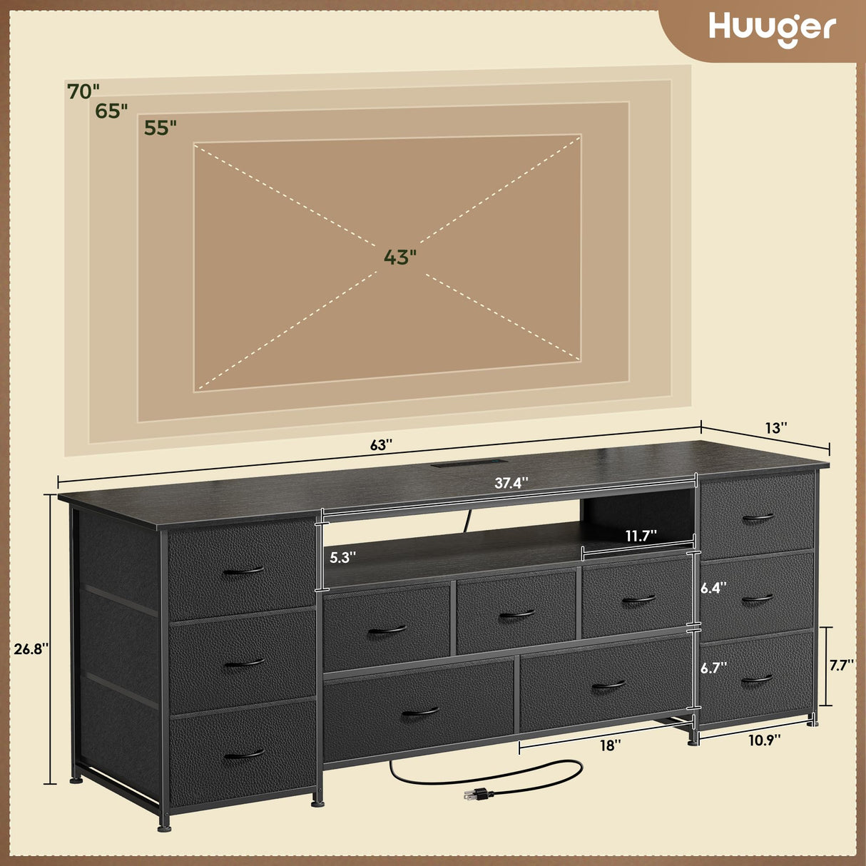 Huuger 63 Inch TV Stand for 65, 70 Inch TV, 11 Drawer Long Dresser with Power Outlets and LED Lights, Entertainment Center with Storage, Black Dresser with PU Leather Surface Huuger