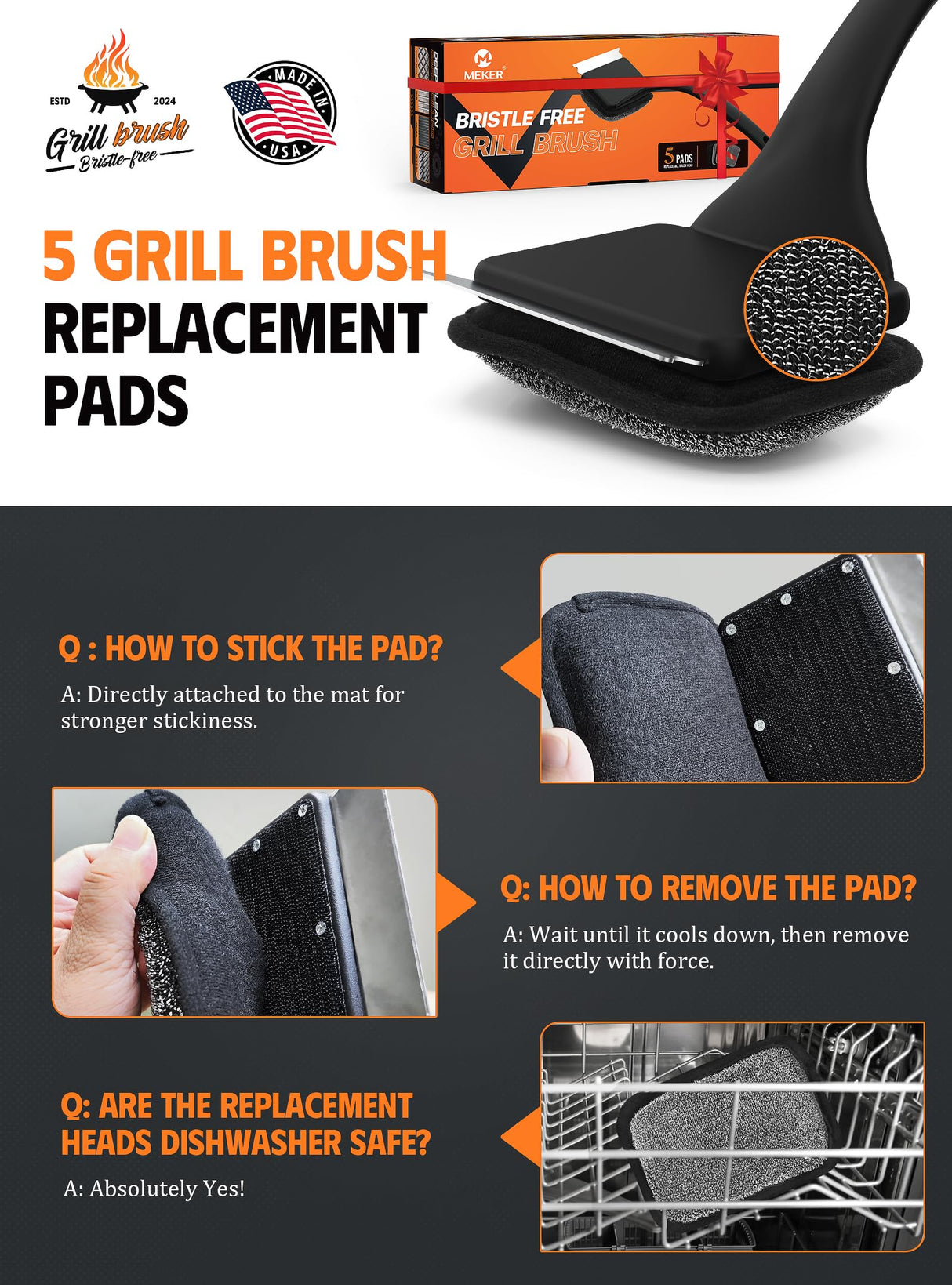 MEKER Grill Brush Bristle Free, Grill Cleaner Brush with 5 BBQ Replacement Head for Cast Iron, Stainless Steel Grates, Safe Grill Scraper Outdoor BBQ Grill, Black MEKER