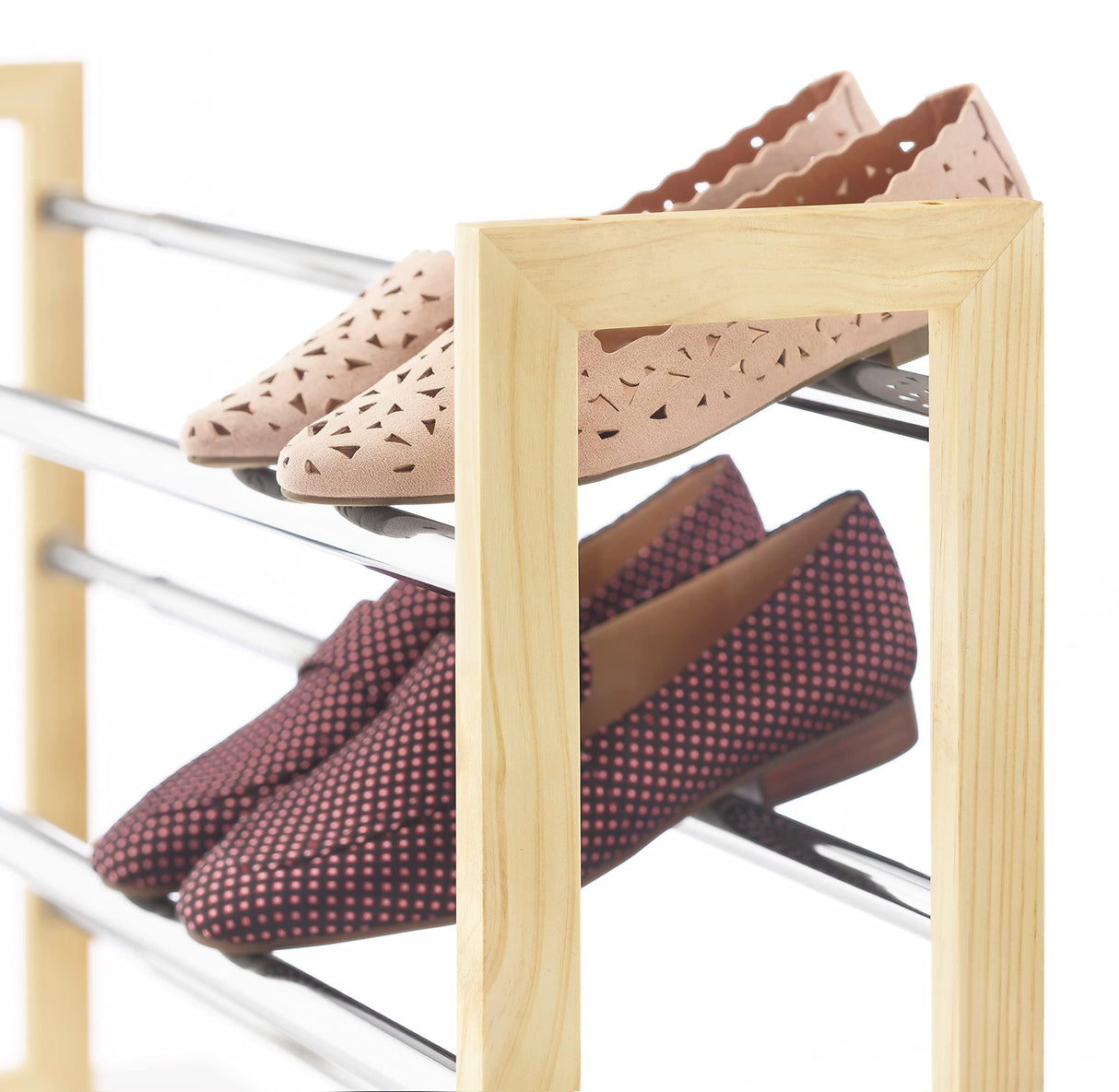 Whitmor 3 Tier Expandable Shoe Rack -Stackable - Natural Wood and Chrome Whitmor