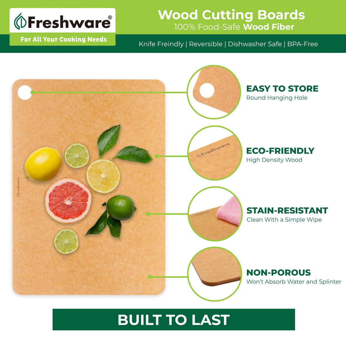 Wood Cutting Boards for Kitchen Dishwasher Safe, Wood Cutting Board, Premium Wood Fiber, Non-Porous, Reversible, Set of 2, Natural Slate Freshware