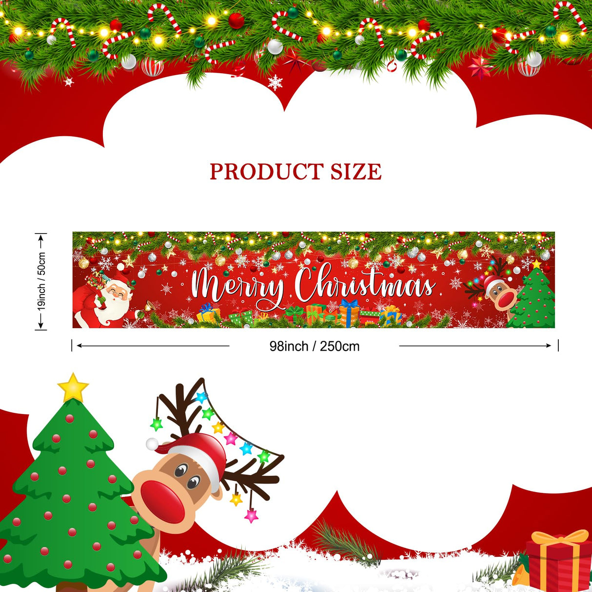Lecheme Merry Christmas Banner 8x1.6 ft Yard Fence Backdrop Outdoor Red Santa Christmas Party Decorations Lecheme