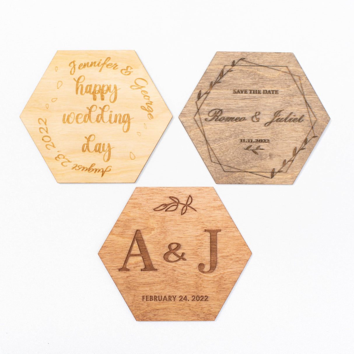 Personalized Wedding Coaster Rustic Decor - Wedding Favors Couple Gifts Wooden Save The Date Monogram Custom Cup Mug - Coasters Ceremony Invitations with Calendar (Hexagon) Enjoy The Wood