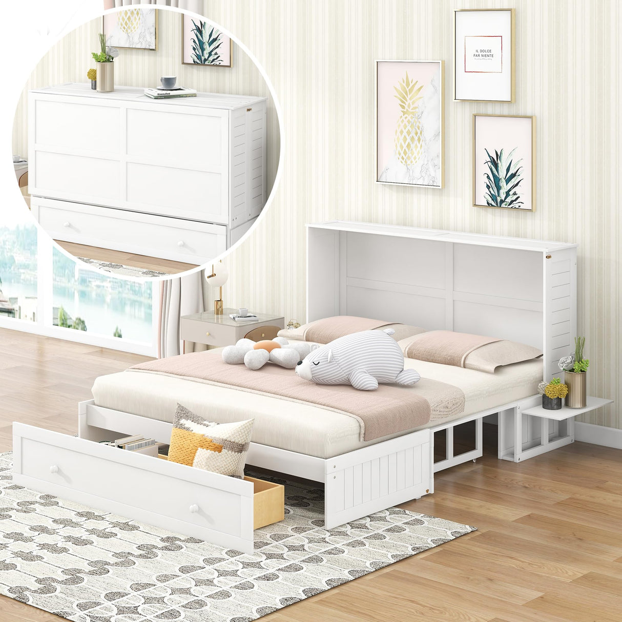 NCKMYB Cabinet Beds Queen Size Murphy Bed, White Bed with Storage Drawer & Side Shelves Foldable Murphy Bed Cabinet Space-Saving for Guest Room Home Office NCKMYB