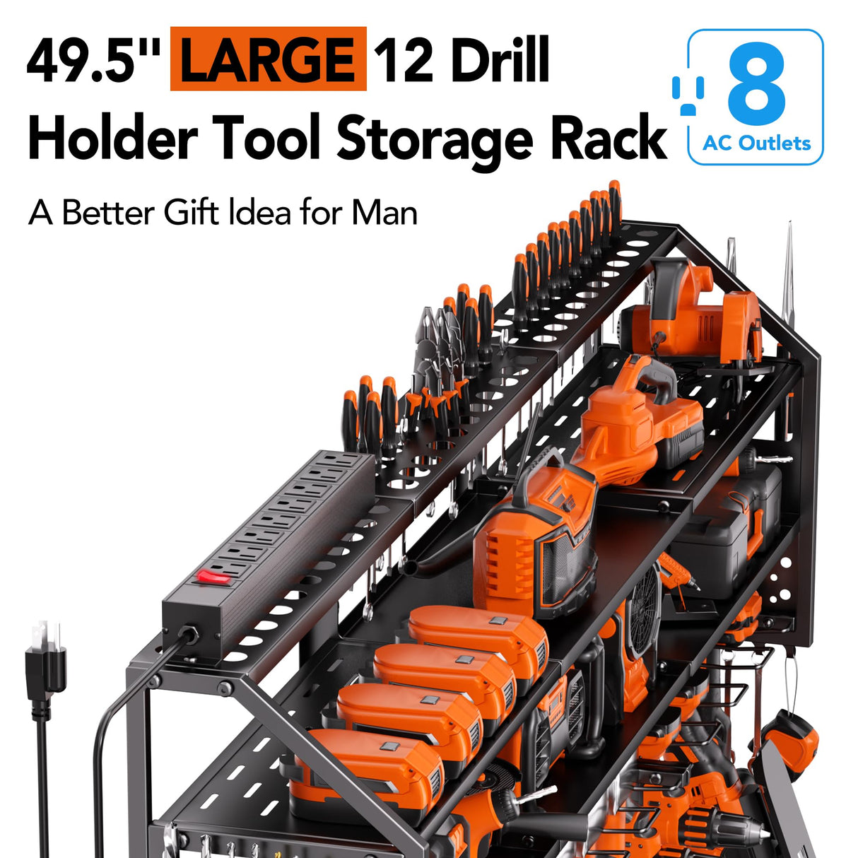 YFFSRJDJ Extra Large Power Tool Organizer Wall Mount with Charging Station, 12 Drill Holders Heavy Duty with 8-Outlet Power Strip, Garage Cordless Drill Storage and Organization, Battery Utility Rack YFFSRJDJ