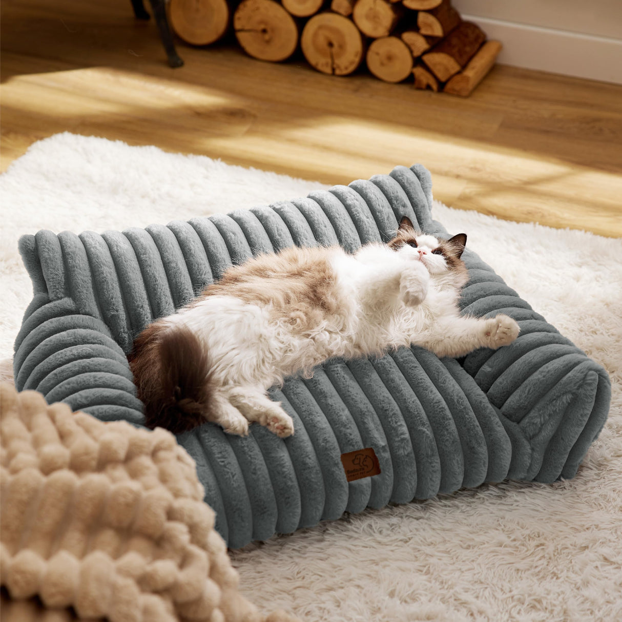 Bedsure Cute Cat Couch for Pets - Fluffy Small Dog Sofa with Premium Soft Corduroy Fleece, Pet Sofa with Removable Washable Cover, Supportive Dog Couch Bed for Small Medium Dogs, 30inch, Warm Grey Bedsure
