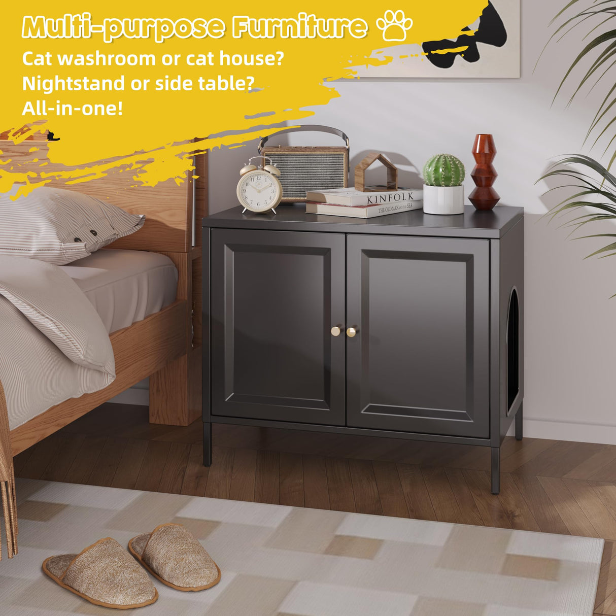 Aobabo Cat Litter Box Enclosure, Metal Cat Washroom Furniture with Barn Door, Pet House, Fit Most of Litter Box, Black, Assembly Required Aobabo