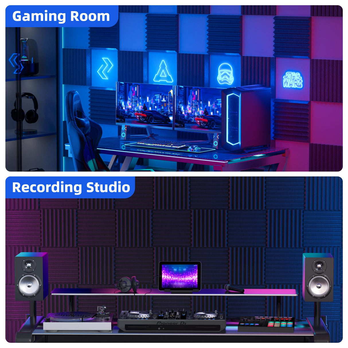 12 Pack Sound Proof Foam Panels for Wall with Self Adhesive, 2" X 12" X 12" High Density Acoustic Panels Sound Absorbing Quick-Recovery, Wedges Soundproof Wall Panels for Gaming & Studio Decor - Black NEPIS