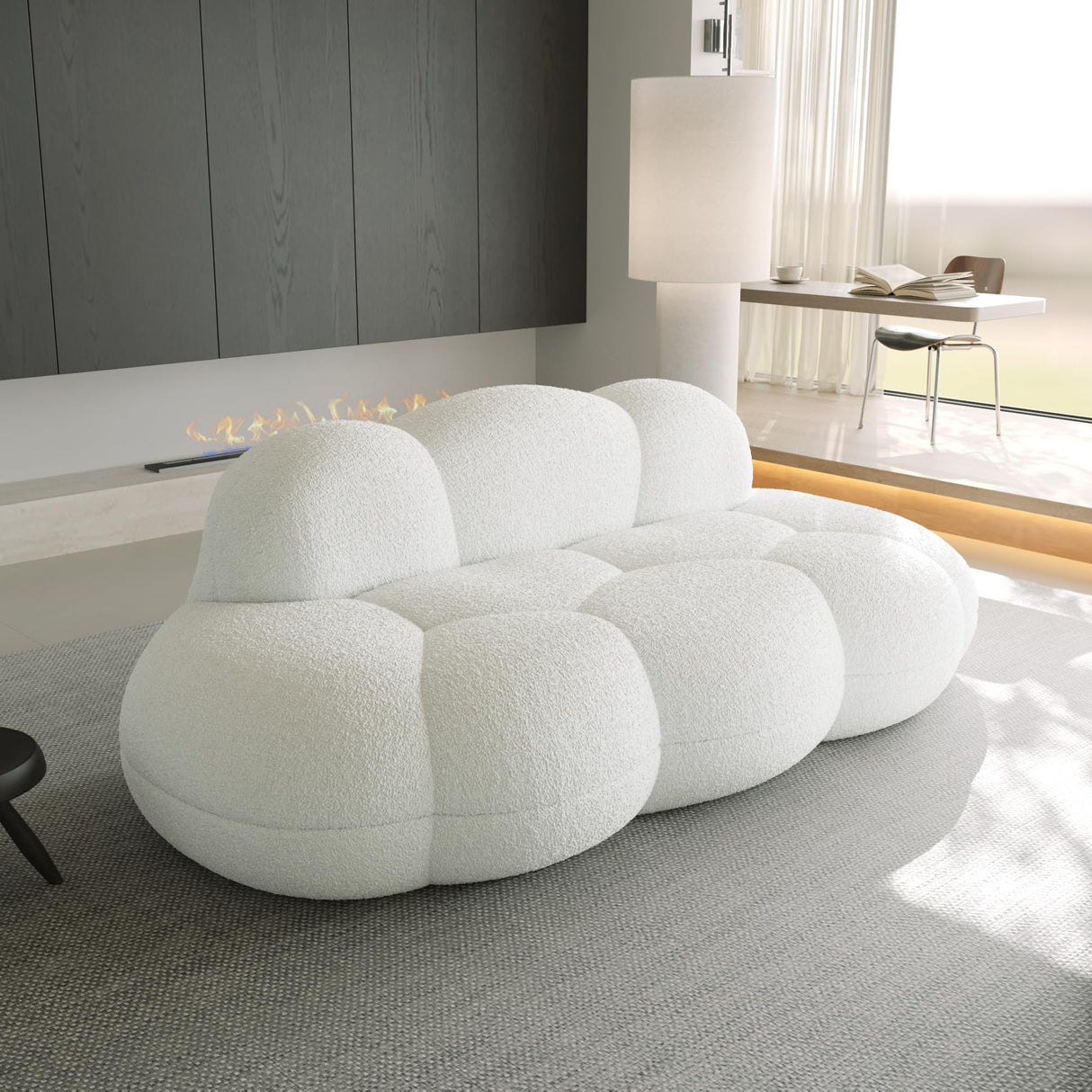 Cloud Shaped Floor Couches for Living Room, 90" Curved Boucle Sofa, Comfy Compressed Couch, Deep Seat Loveseat Sofa for Bedroom, Apartment, Small Space (White, No Installation) DEKUHI