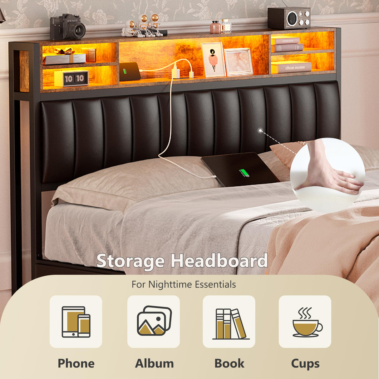 Alohappy Queen Bed Frame with USB Charging, LED Lights & Storage Drawers, Upholstered Platform in Black Alohappy