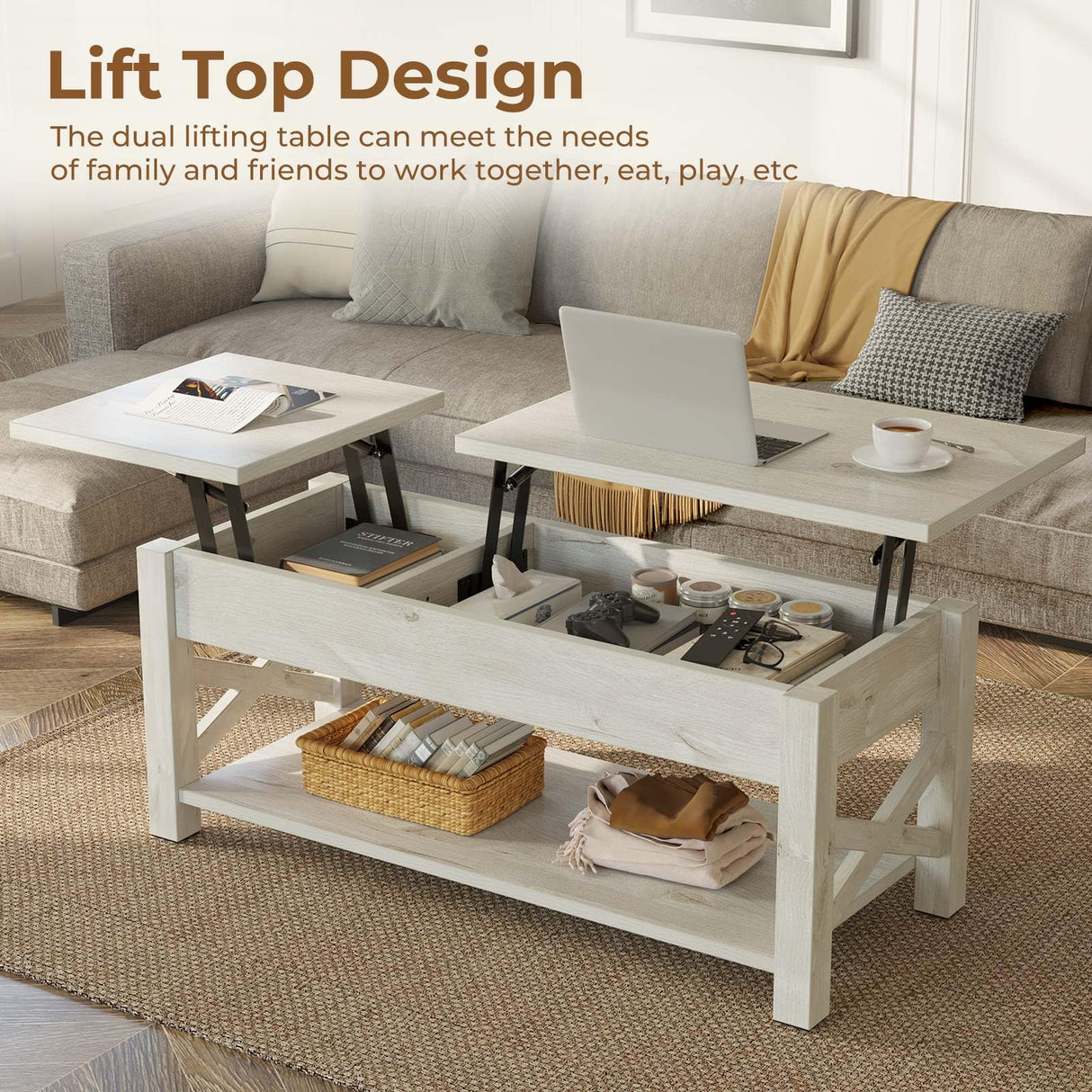 Rolanstar 47.2" Lift Top Coffee Table with Hidden Compartment, 2 Way Lift Top Coffee Table with Open Shelf & X Wooded Support, Farmhouse Center Table for Living Room, Grey Rolanstar
