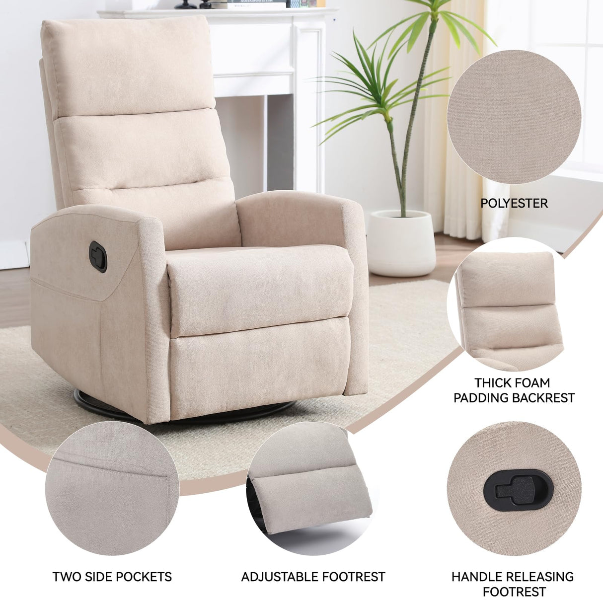 PELUMY Manual Recliner Chair with 360° Swivel & Rocking, Fabric Recliner for Living Room, Bedroom, Nursery, No Tools Assembly, 155° Recline, Compact for Small Spaces(Beige) PELUMY
