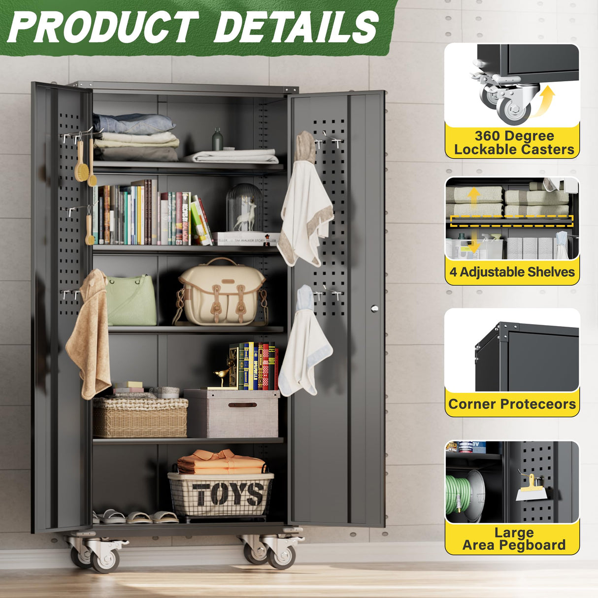 Greenvelly Metal Storage Cabinet with Wheels,72” Black Garage Storage Cabinet with Pegboards and Wheels, Rolling Tool Cabinet with Locking Doors and Shelves for Home,Basement, Kitchen Pantry,Warehouse Greenvelly