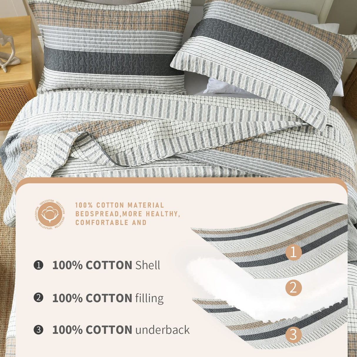 Finlonte Queen Size Quilt Set, 100% Cotton, Grey Striped Reversible Lightweight Soft Quilted Comforter Set for All Season, 3-Piece Finlonte