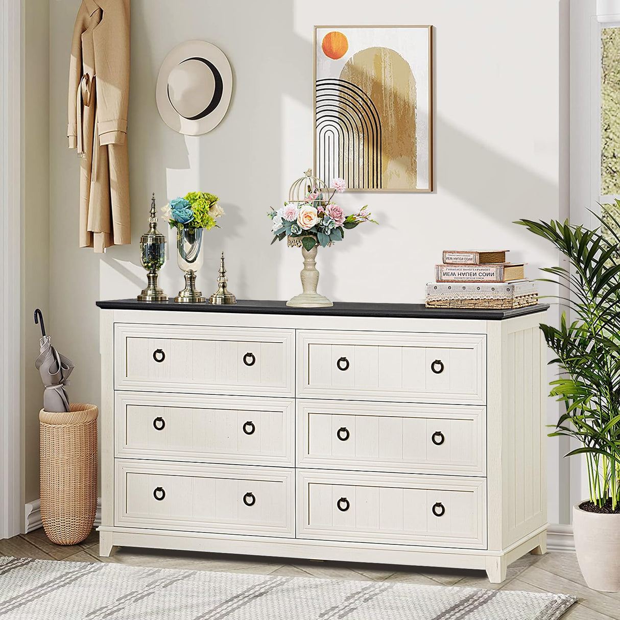 Joaxswe Farmhouse Furniture Set, Nightstands Set of 2 and 6 Drawers Dresser for Bedroom, 58 Inch Wide Wood Dresser and 18" Night Stands with Charging Station for Bedroom, Living Room, Hallway Joaxswe