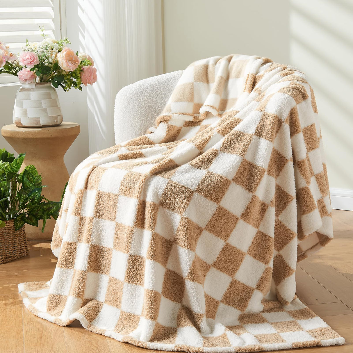 NEWCOSPLAY Knitted Brown White Checkered Blanket Super Soft Plush Throw for Couch Fuzzy Fluffy Microfiber Lightweight Blanket for Bed Sofa All Season Use (Brown White, Throw(50"x60")) NEWCOSPLAY