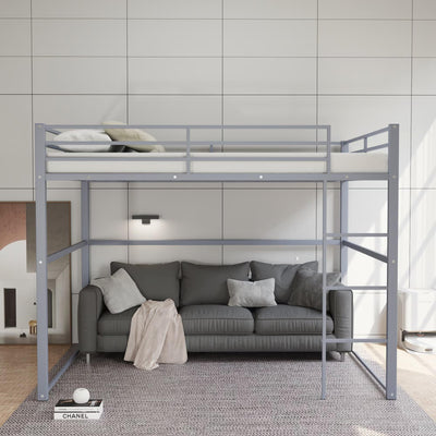 Metal Loft Bed Full Size, Loft Bed Frame with Safety Guard Rails & Flat Ladder, Twin Loft Bed for Kids Teens Adults, Gray
