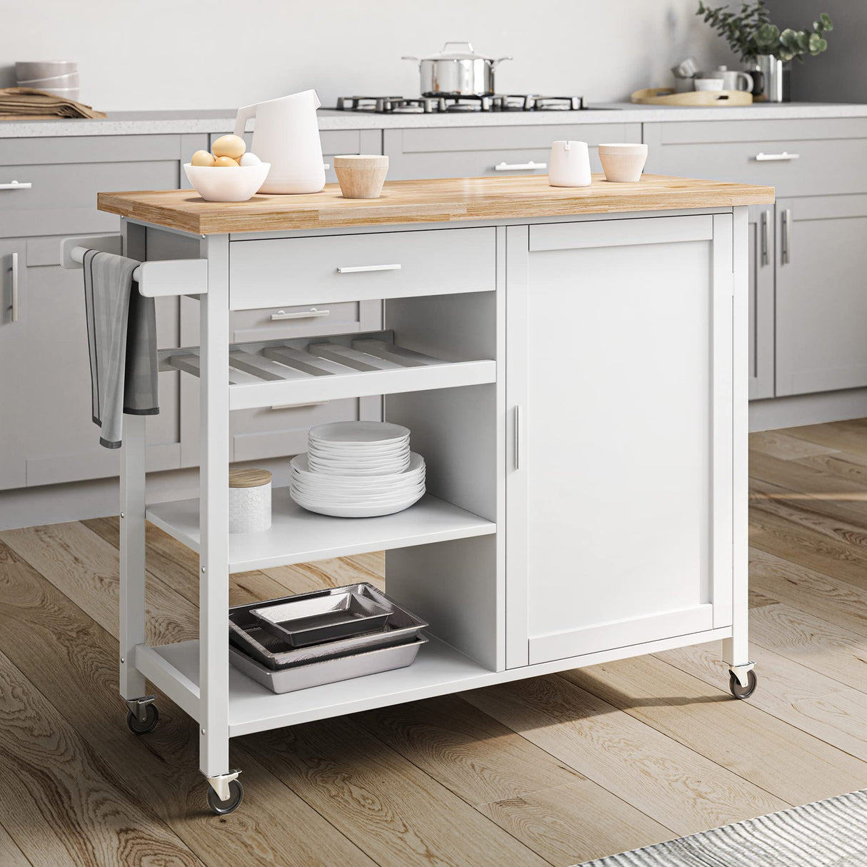 BELLEZE Modern Rolling Kitchen Island Utility Cart with a Drawer, Storage Cabinet, Handle Towel Rack, Rubber Wood Top, and Caster Wheels - Sonoma (White) BELLEZE