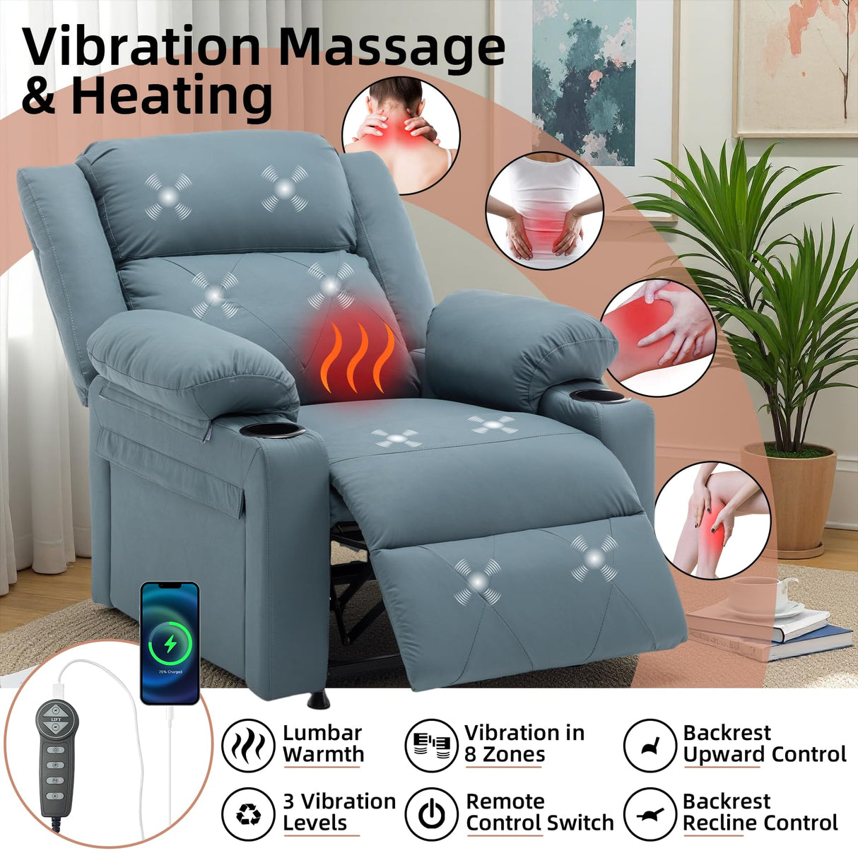 Homvinax Power Recliner Chair with Vibration Massage & Heat,Upholstered Faux Leather Single Reclining Sofa with Side Pockets Side Table for Living Room, Home Theater (Blue) Homvinax