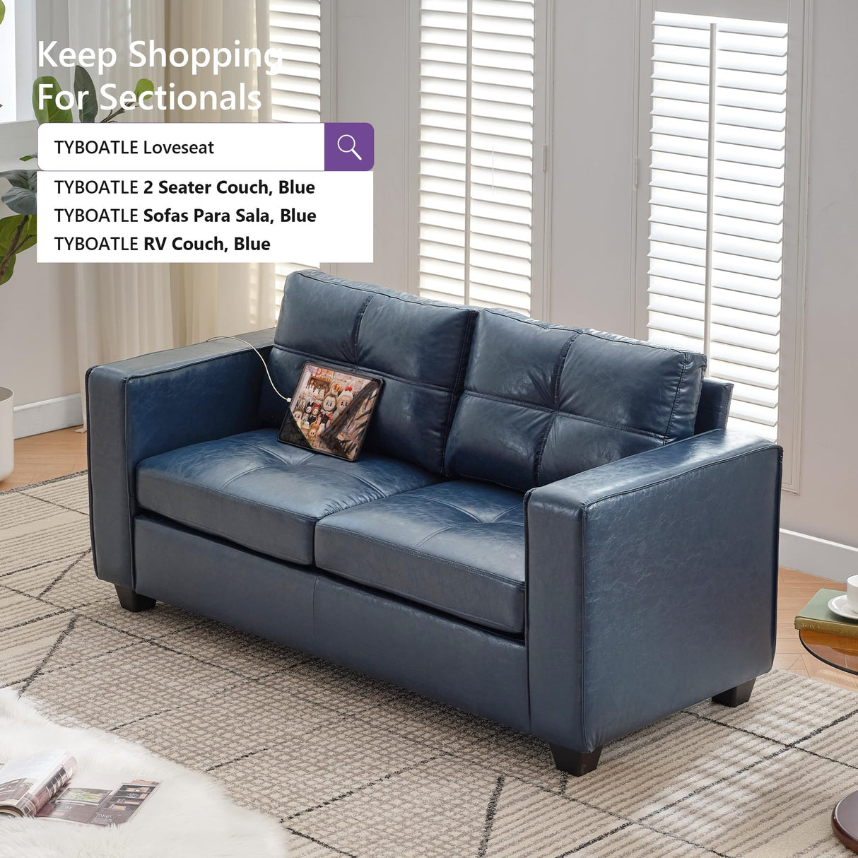 TYBOATLE 65" Blue Faux Leather Loveseat for Bedroom, Mid-Century Modern Tufted Comfy Loveseat w/USB Charging Ports and Wide Arms, 2 Seat Office Small Couch for Small Space TYBOATLE