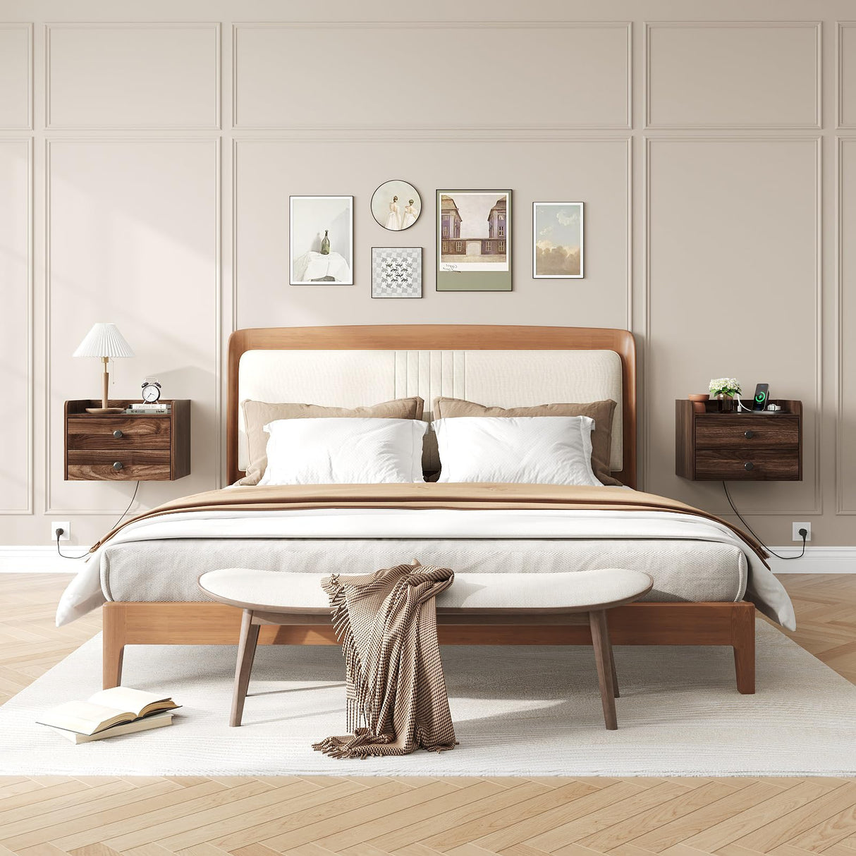 Floating Nightstand Set of 2 with 2 Storage Drawers and Charging Station Wood Wall Mounted Bedside End Table Modern Night Stands Set 2 for Bedroom,Small Space,Brown Walnut Vabches