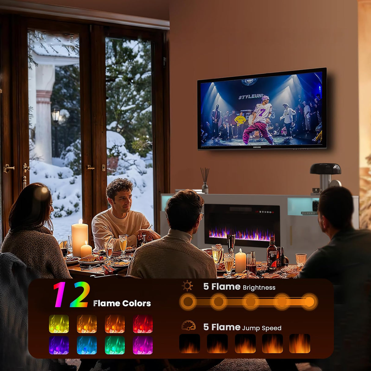 TAVATA Fireplace TV Stand with 36" Fireplace,80" TV Stand with LED Light for TVs Up to 85",Entertainment Center Console Table with Highlight Storage Cabinets (White) TAVATA