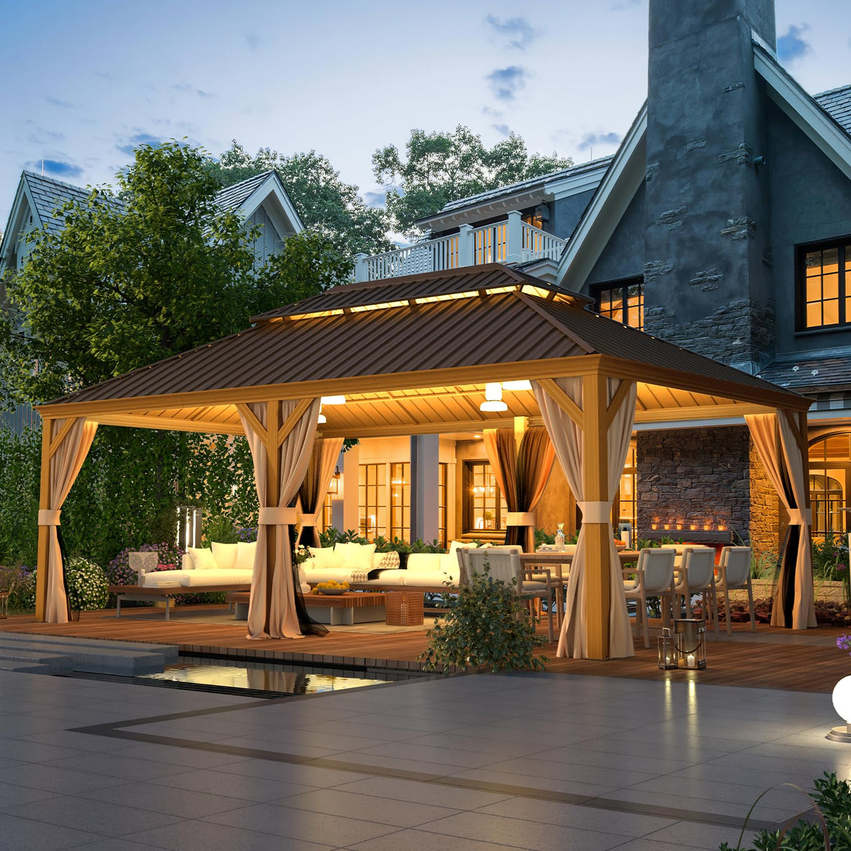 EROMMY 12' x 22' Gazebo, Wooden Finish Coated Aluminum Frame Canopy with Double Galvanized Steel Hardtop Roof, Outdoor Permanent Metal Pavilion with Curtains and Nettings for Patio, Backyard and Deck EROMMY