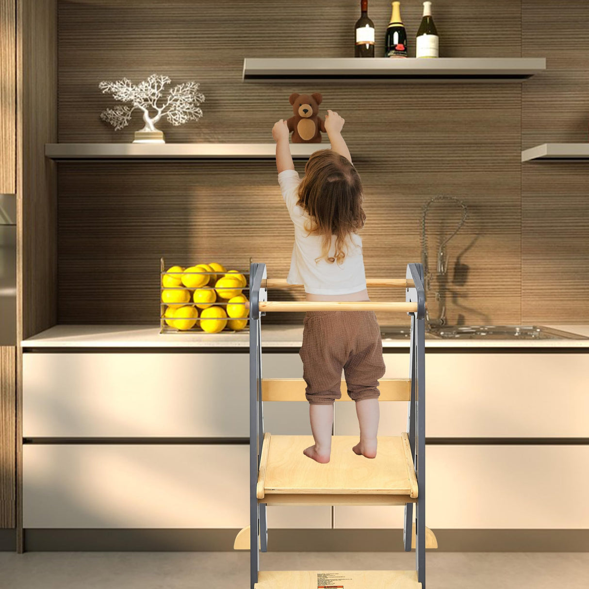 TDKDHoming Foldable Toddler Tower Preassembled Kitchen Stool, Folding Tower for Learning with 3 Adjustable Heights Montessori Toddler Standing Tower Collapsible Step Stool for Kids 1-6y Natural TDKDHoming