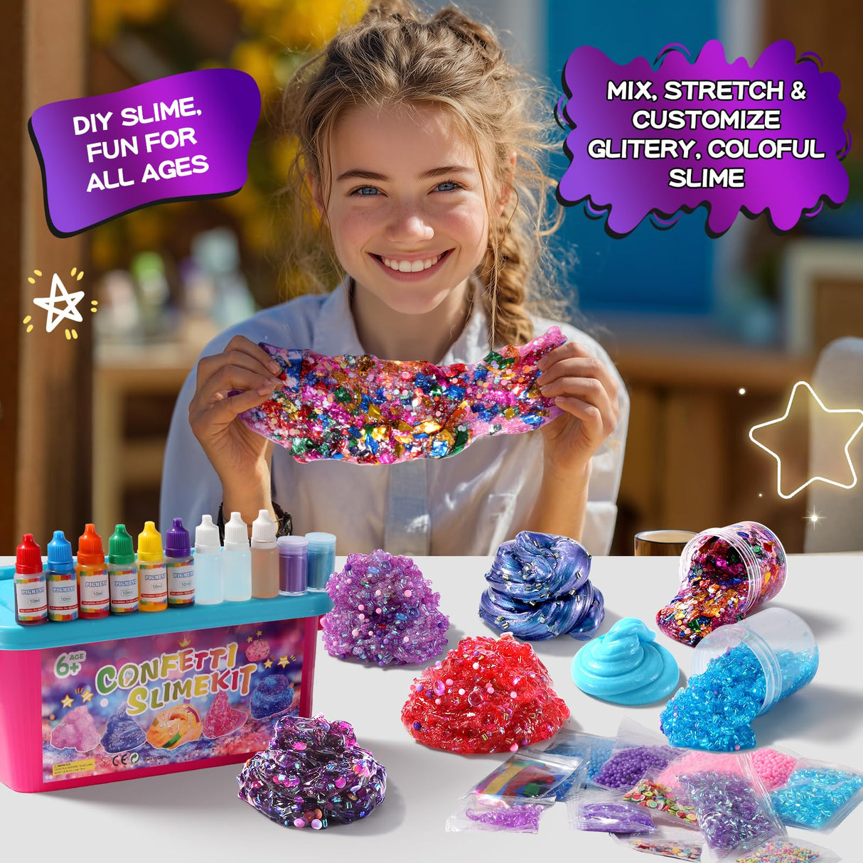 pokujyrt Confetti Slime Kit, Sparkling Slime Making Kit, DIY Craft Set with Clear Glue, Colors, and Decorations, Ages 6+ pokujyrt