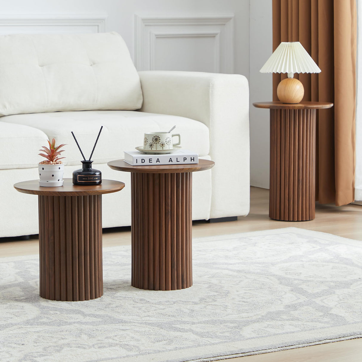 Bifins Round Nesting Coffee Table Set of 3,Mid Century Modern Fluted Coffee and End Table Set,Small Circle Wooden Side Table Drink Table for Living Room (Walnut) Bifins