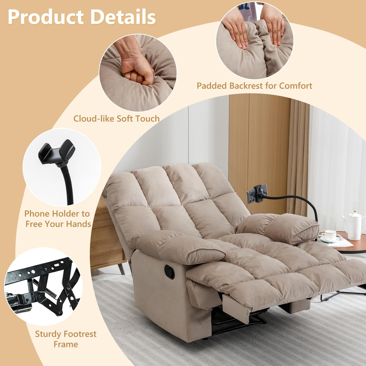 hzlagm Oversized Recliner Chairs for Adults 400LBS, Extra Wide Recliner, Manual Recliner Chair with Overstuffed Armrest and Backrest, Velvet Big and Tall Recliners for Living Room, Beige hzlagm