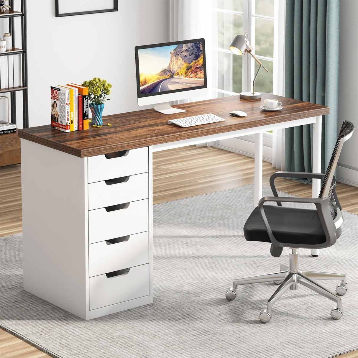Tribesigns Computer Desk with 5 Drawers, 47 inches Rustic Brown Home Office Desk with Storage, Modern Simple Laptop Desk Study Writing Table for Small Spaces (Reversible Drawer Cabinet) Tribesigns